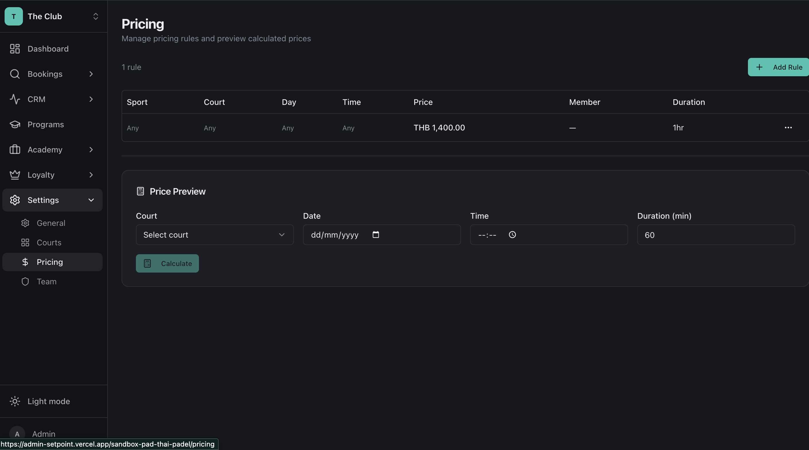 Setpoint pricing rules